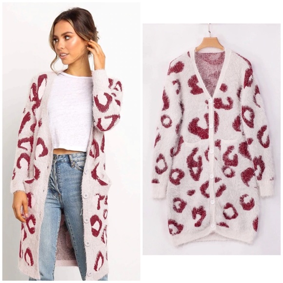 Sweaters - Berry Leopard Print Long Fuzzy Cardigan Sweater